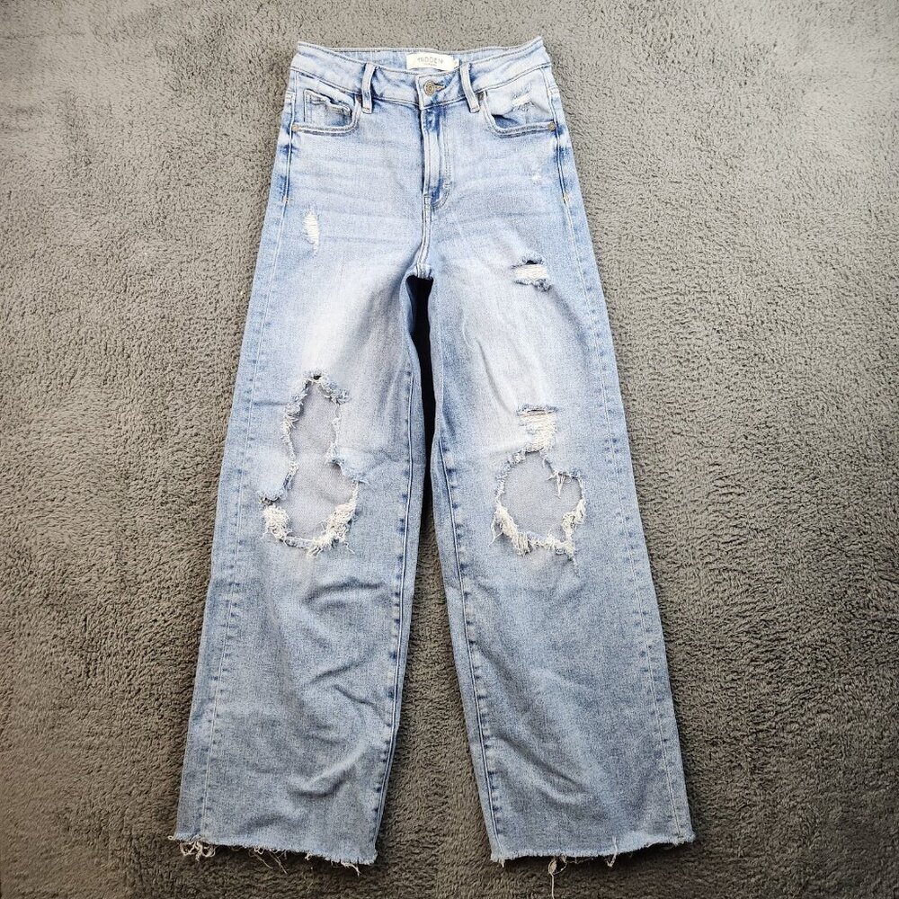 Hidden Nori Wide Leg Stretch Jean Womens Size 24 High Rise Destructed Light Blue - Picture 1 of 9